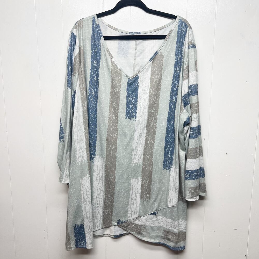 Striped V-Neck Long Sleeve Tunic Top - Blue/Gray